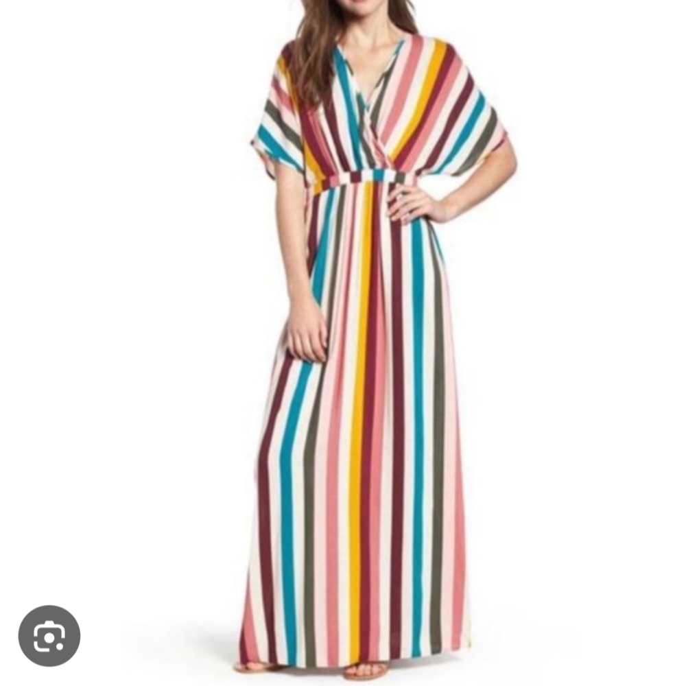 Love Fire Multicolor Striped Maxi Dress, Kimono Sleeve XS